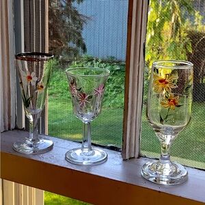 Set of three gorgeous handpainted, assorted size cordial glasses